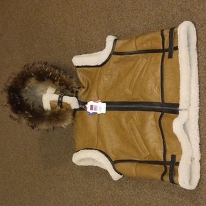 Shearling lined vegan leather vest with real fur hood